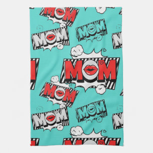 Bold Turquoise Comic MOM Graphic Pattern Kitchen Towel