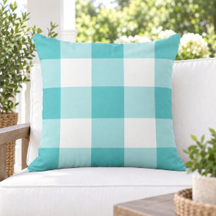 Bold Turquoise White Large Gingham Check Outdoor Pillow