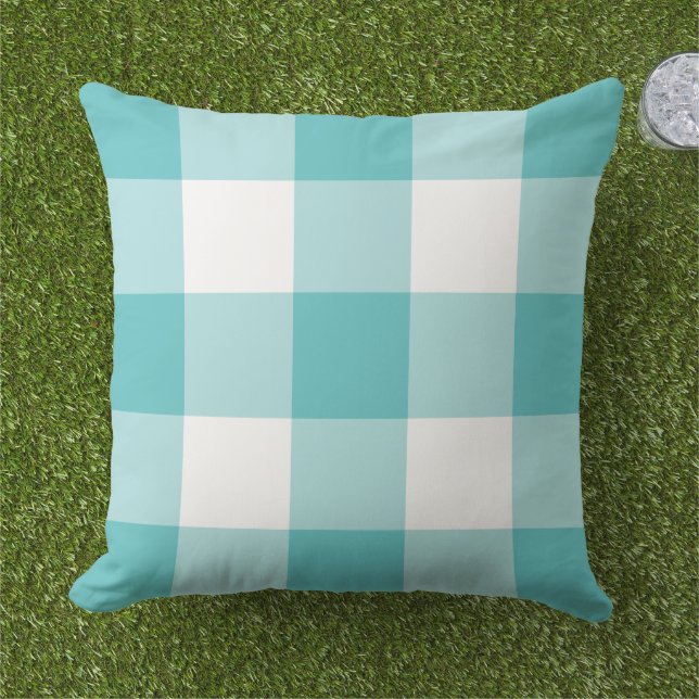 Bold Turquoise White Large Gingham Check Outdoor Pillow (Grass)
