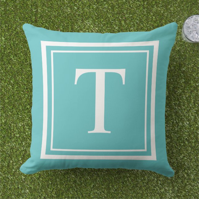 Bold Turquoise White Square Frame Monogram Outdoor Pillow (Grass)
