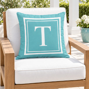Bold Turquoise White Square Frame Monogram Outdoor Pillow