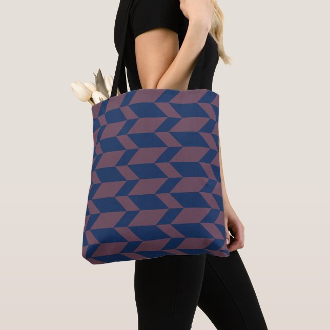 Bold Two Tone Arrow Chevron Stripe Dark Blue Pink Tote Bag (Close Up)