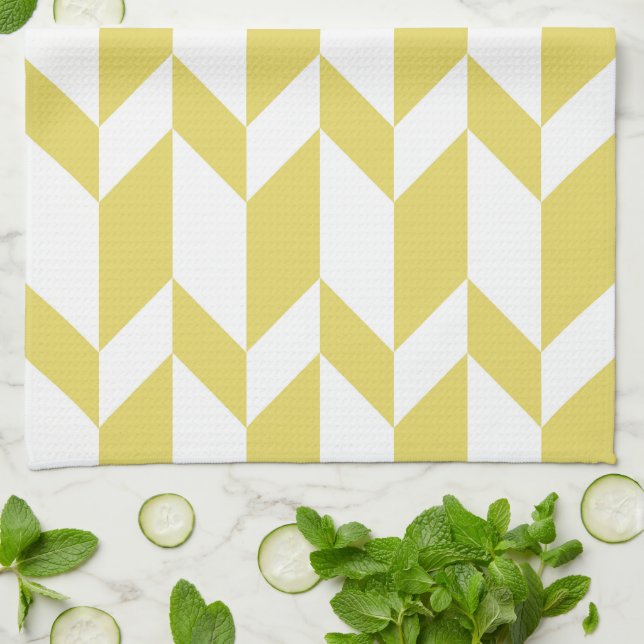 Bold Two Tone Arrow Chevron Stripe Yellow White Kitchen Towel (Folded)