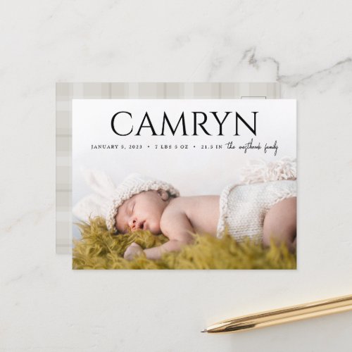 Bold Type Baby Birth Photo Announcement Postcard