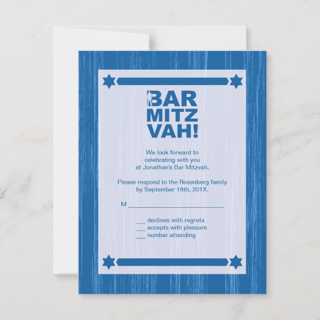 Bold Type Bar Mitzvah Reply Card in Blue (Front)