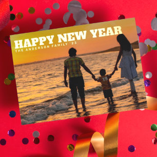 BOLD TYPE TEXT HAPPY NEW YEAR 2026 Gold Photo Foil Holiday Postcard