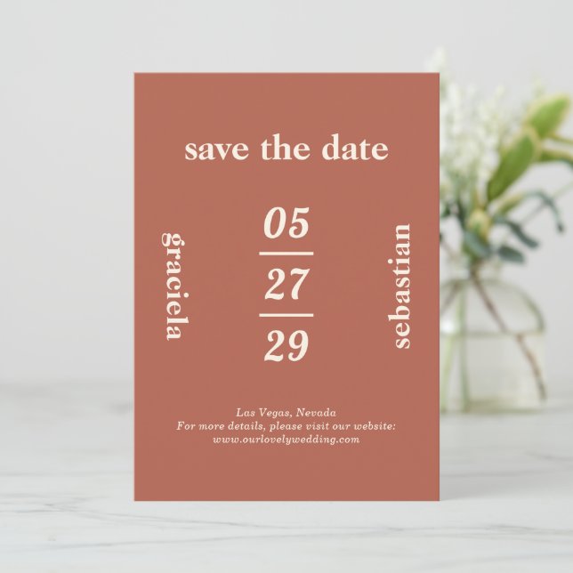 Bold Typographic Burnt Orange Modern Wedding Save The Date (Standing Front)