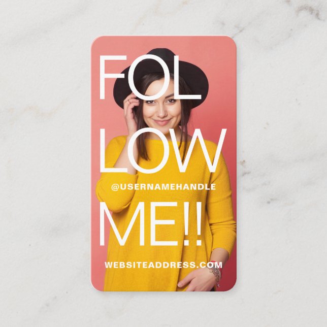 Bold Typographic Follow Me Social Media Full Photo Business Card (Front)