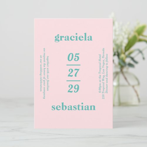 Bold Typographic Pink Teal Modern Wedding Invitation