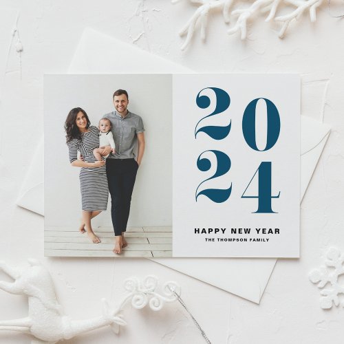Bold Typography 2024 Blue Happy New Year Photo Holiday Card