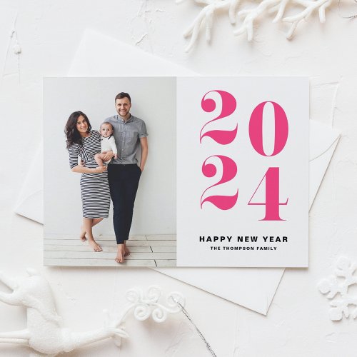 Bold Typography 2024 Hot Pink Happy New Year Photo Holiday Card