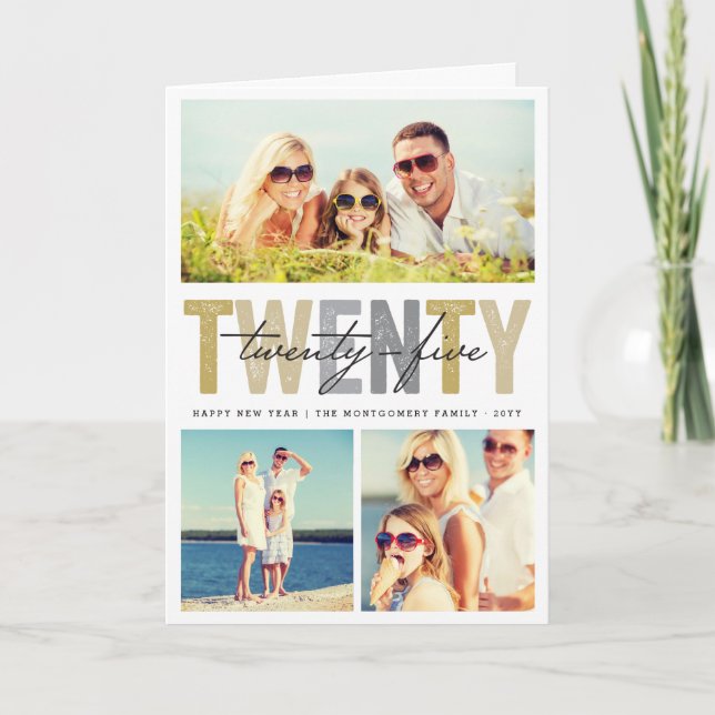 Bold Typography 2025 New Year 3 Photo Collage Holiday Card (Front)