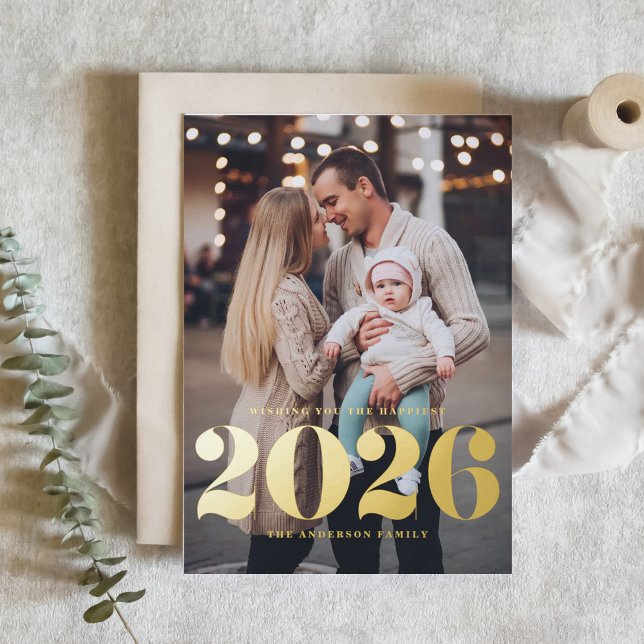 Bold Typography 2026 Vertical Photo New Year Foil Holiday Card (Ring in 2026 with this Happy New Year vertical photo card featuring 2026 in gold foil. )