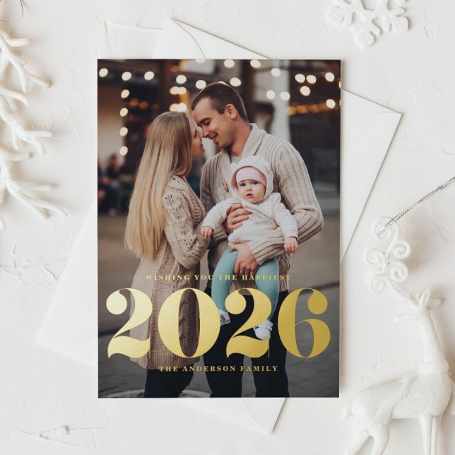 Bold Typography 2026 Vertical Photo New Year Foil Holiday Postcard (Ring in 2026 with this Happy New Year vertical photo postcard featuring 2026 in gold foil. )