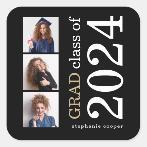 Bold Typography 3 photos Black 2024 Graduation  Square Sticker