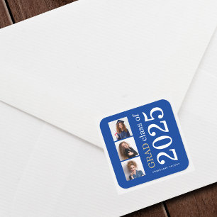 Bold Typography 3 photos Blue 2025 Graduation Square Sticker