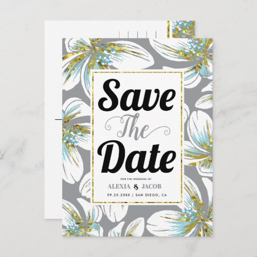 Bold typography and gray floral Save the Date Announcement Postcard