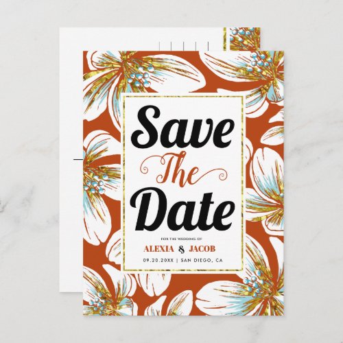 Bold typography and rust floral Save the Date Announcement Postcard