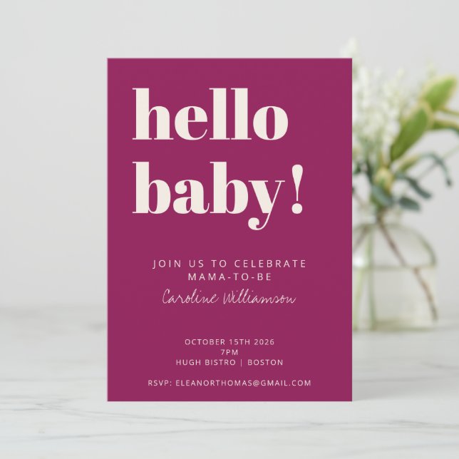 Bold Typography Berry Modern Cute Baby Shower Invitation (Standing Front)