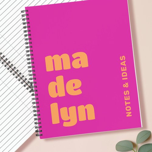Bold typography big letters name magenta orange notebook
