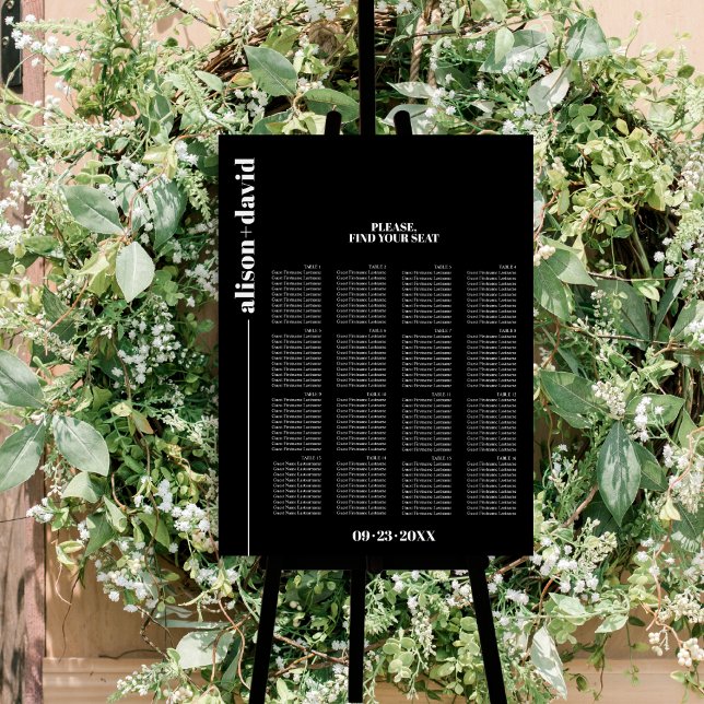 Bold typography black wedding seating chart      foam board (Creator Uploaded)