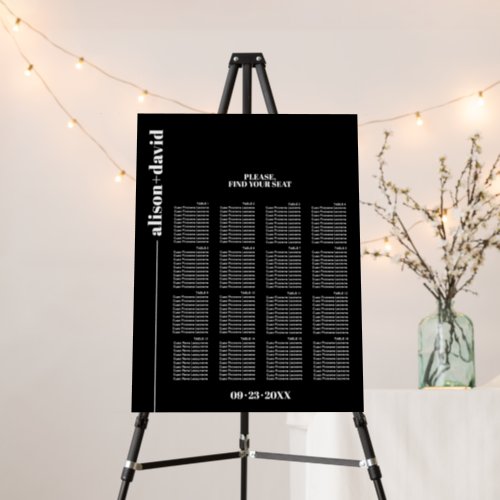 Bold typography black wedding seating chart      foam board