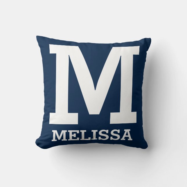 Bold Typography Blue and White Personalized Throw Pillow (Front)