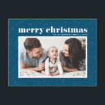 Bold Typography Blue Merry Christmas Photo Holiday Postcard<br><div class="desc">Merry Christmas! Celebrate the holidays with this classic photo holiday postcard. It features retro bold typography with snow and snowflakes pattern on a blue background. Personalize by adding names,  greeting and photo. This modern Christmas postcard is available in other colors and cardstock.</div>