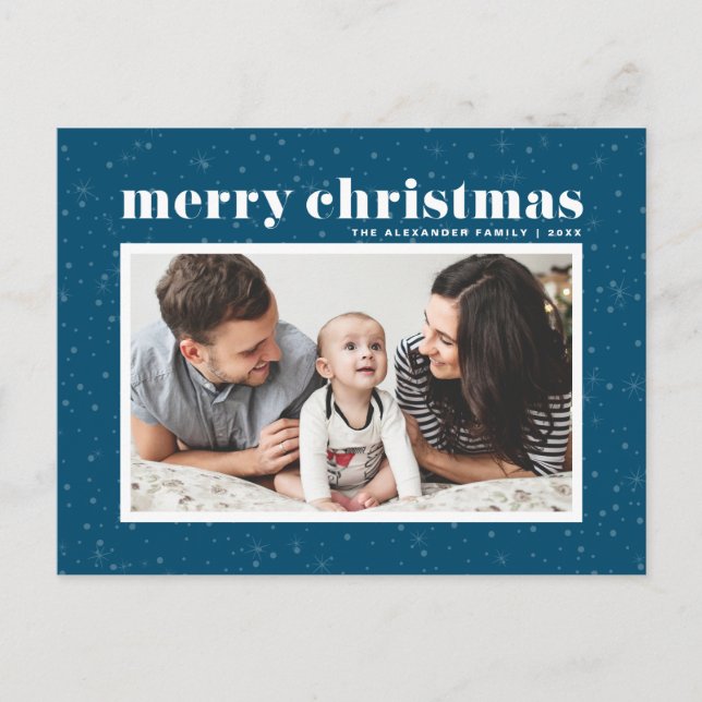 Bold Typography Blue Merry Christmas Photo Holiday Postcard (Front)