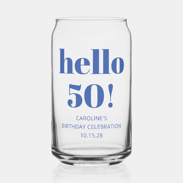 Bold Typography Blue Modern 50th Birthday Favor Can Glass (Front)