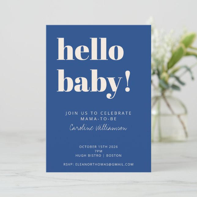 Bold Typography Blue Modern Cute Baby Shower Invitation (Standing Front)