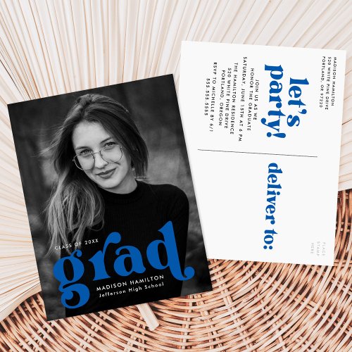 Bold Typography Blue Photo Graduation Party Invitation Postcard