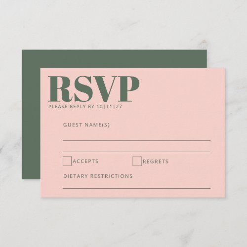 Bold Typography Blush Pink Green Modern Wedding RSVP Card