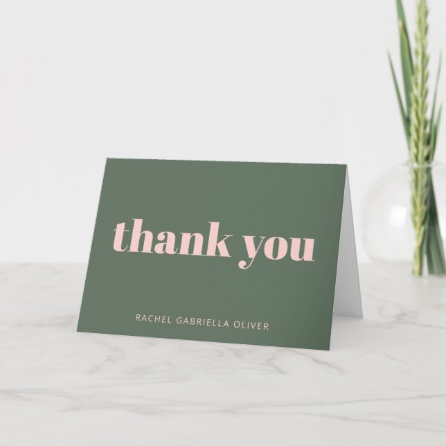 Bold Typography Blush Pink Green Personalized Letterpress Thank You Card (Front)