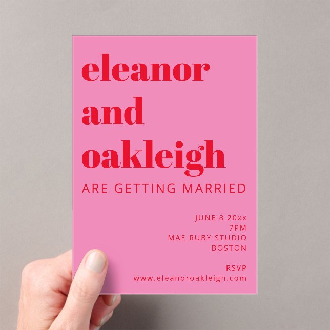 Bold Typography Bright Pink and Red Modern Wedding Acrylic Invitations (Insitu (Handheld))