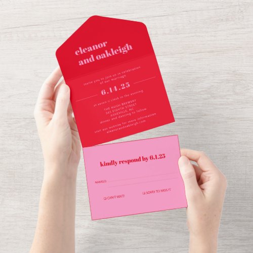 Bold Typography Bright Pink and Red Modern Wedding All In One Invitation