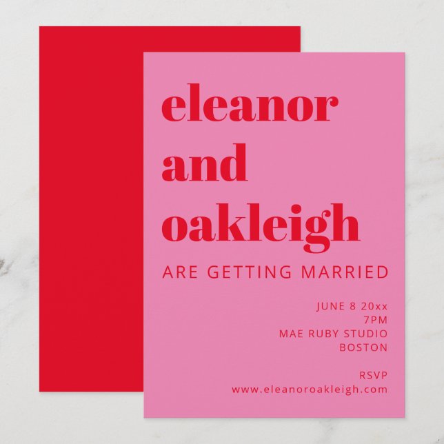 Bold Typography Bright Pink and Red Modern Wedding Invitation (Front/Back)