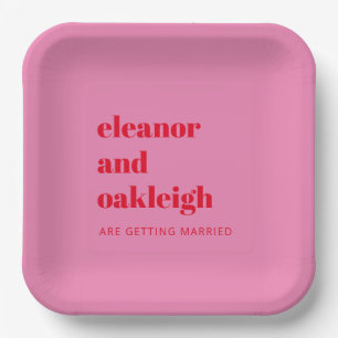 Bold Typography Bright Pink and Red Modern Wedding Paper Plates
