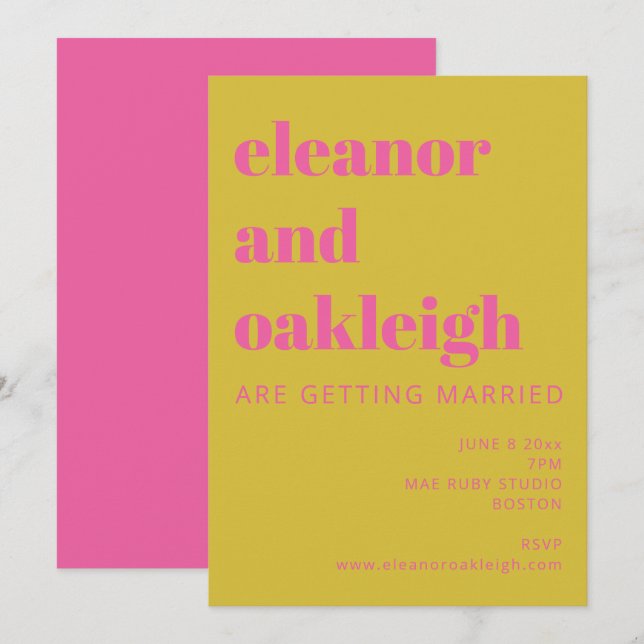 Bold Typography Bright Pink Yellow Modern Wedding Invitation (Front/Back)