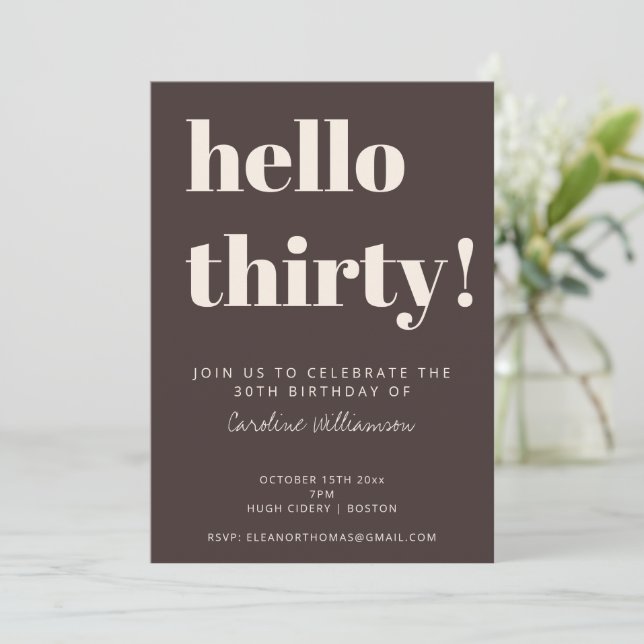 Bold Typography Brown Modern 30th Birthday Party Invitation (Standing Front)