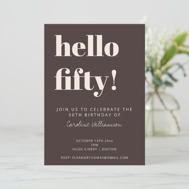 Bold Typography Brown Modern 50th Birthday Party Invitation (Standing Front)