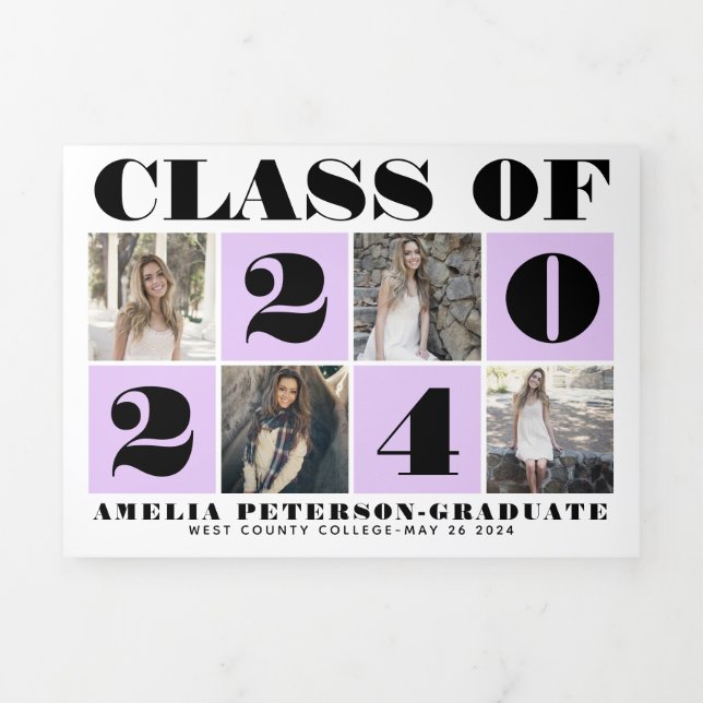 Bold typography Class of 2024 photo collage purple Tri-Fold Announcement (Cover)