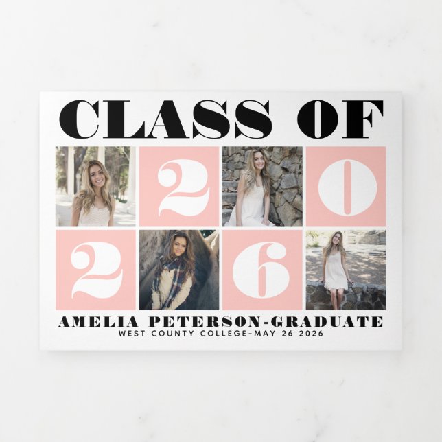 Bold typography Class of 2026 photo collage blush Tri-Fold Announcement (Cover)