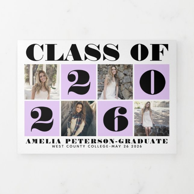 Bold typography Class of 2026 photo collage purple Tri-Fold Announcement (Cover)