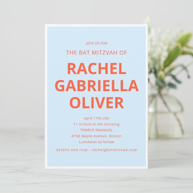 Bold Typography Cool Blue Orange Bat Mitzvah Invitation (Standing Front)