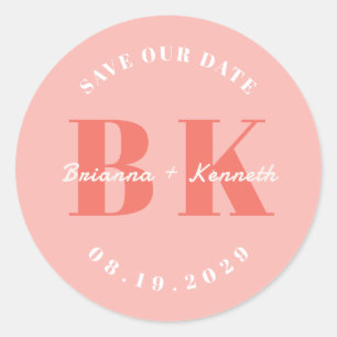 Bold Typography Coral Monogram Save the Date Classic Round Sticker