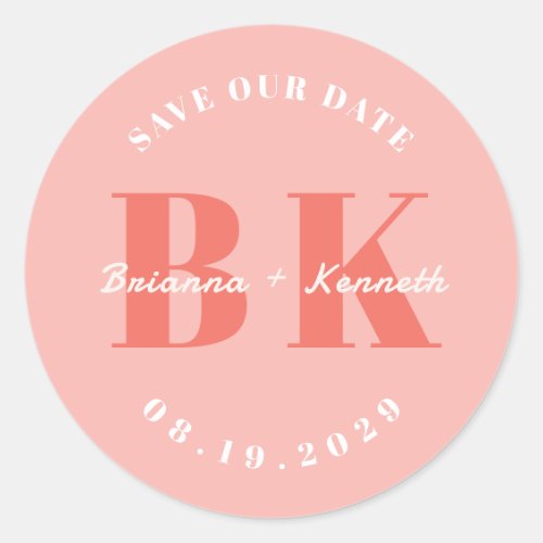 Bold Typography Coral Monogram Save the Date Classic Round Sticker