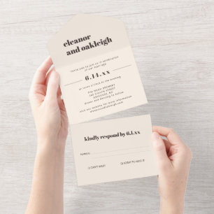 Bold Typography Cream Brown Modern Wedding All In One Invitation
