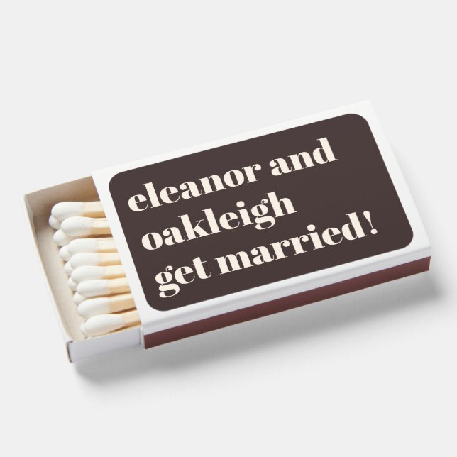 Bold Typography Custom Brown Chic Modern Wedding Matchboxes (Front Open)