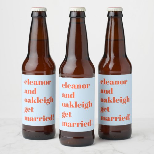 Bold Typography Fun Blue Orange Modern Wedding Beer Bottle Label